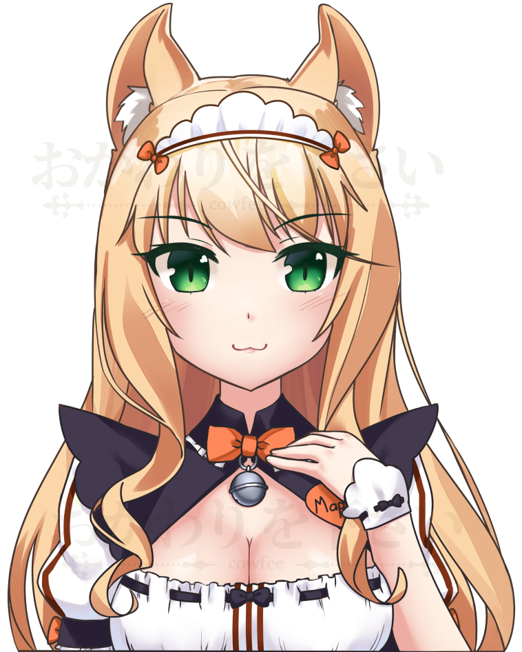 1girl :3 animal_ears bell blonde_hair bow bowtie breasts cat_ears character_name cleavage cleavage_cutout commentary curly_hair eyebrows_visible_through_hair green_eyes jingle_bell kaafi long_hair looking_at_viewer maid maid_headdress maple_(sayori) medium_breasts name_tag nekopara orange_neckwear puffy_short_sleeves puffy_sleeves ribbon-trimmed_clothes ribbon_trim short_sleeves simple_background smile solo watermark white_background wrist_cuffs