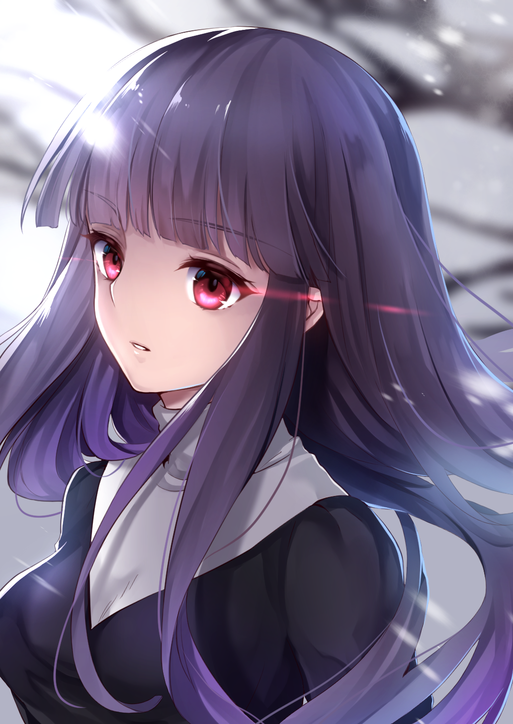 1girl asagami_fujino bangs blunt_bangs blurry blurry_background breasts commentary_request drill_hair ears_visible_through_hair eyebrows_visible_through_hair fate/grand_order fate_(series) hane_yuki highres kara_no_kyoukai long_hair looking_at_viewer multicolored multicolored_shirt open_mouth parted_lips pink_eyes purple_hair solo