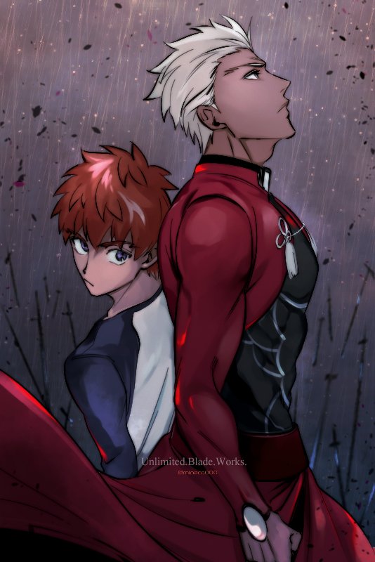 2boys archer back-to-back blue_eyes copyright_name dark_skin dark_skinned_male dual_persona emiya_shirou fate/stay_night fate_(series) hair_slicked_back height_difference looking_up male_focus multiple_boys raglan_sleeves redhead skin_tight white_hair