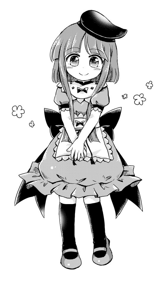 1girl apron bow closed_mouth commentary_request dress frills full_body greyscale hat kneehighs monochrome nishida_satono pote_(ptkan) ribbon shoes short_hair_with_long_locks short_sleeves simple_background smile solo standing tate_eboshi touhou waist_apron