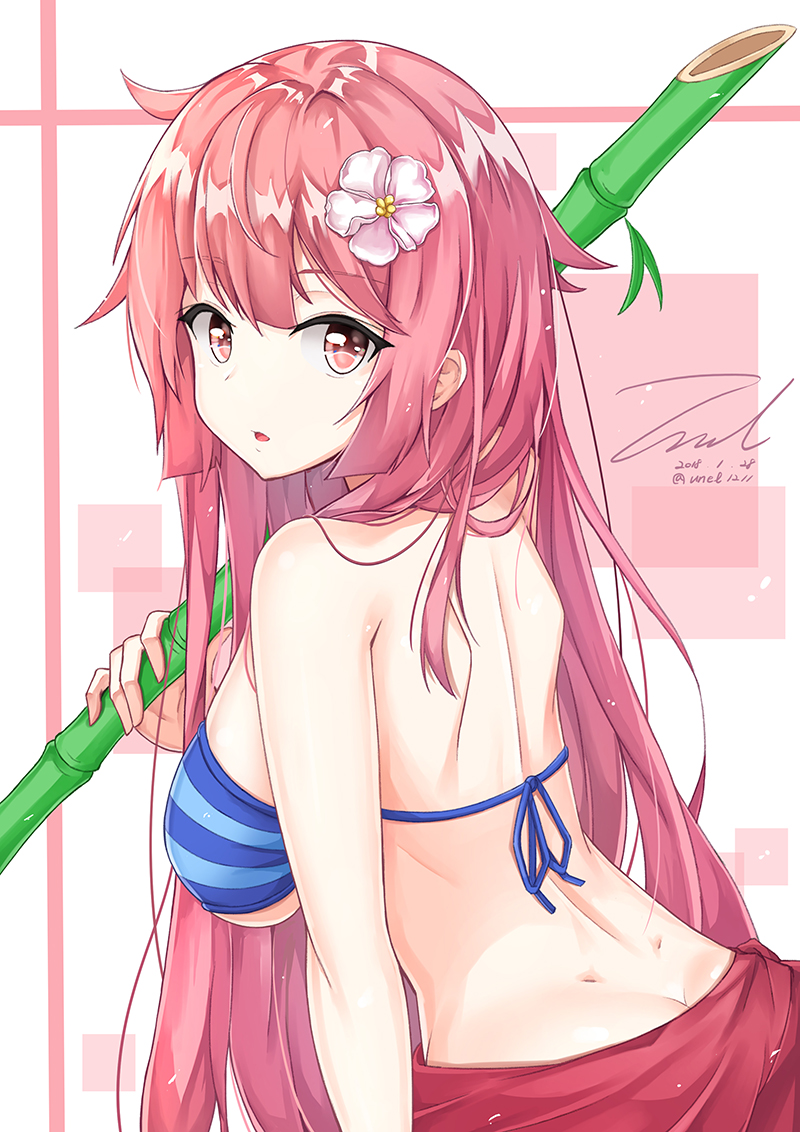 1girl alternate_costume arm_at_side bamboo bamboo_shoot bangs blush breasts butt_crack dated eyebrows_visible_through_hair flower from_side girls_frontline hair_flower hair_ornament hair_over_shoulder holding holding_bamboo_shoot large_breasts leaning_forward long_hair looking_at_viewer looking_back ntw-20_(girls_frontline) open_mouth pink_eyes pink_hair sarong shoulder_blades sidelocks signature simple_background solo swimsuit twitter_username under_boob unel1211 very_long_hair