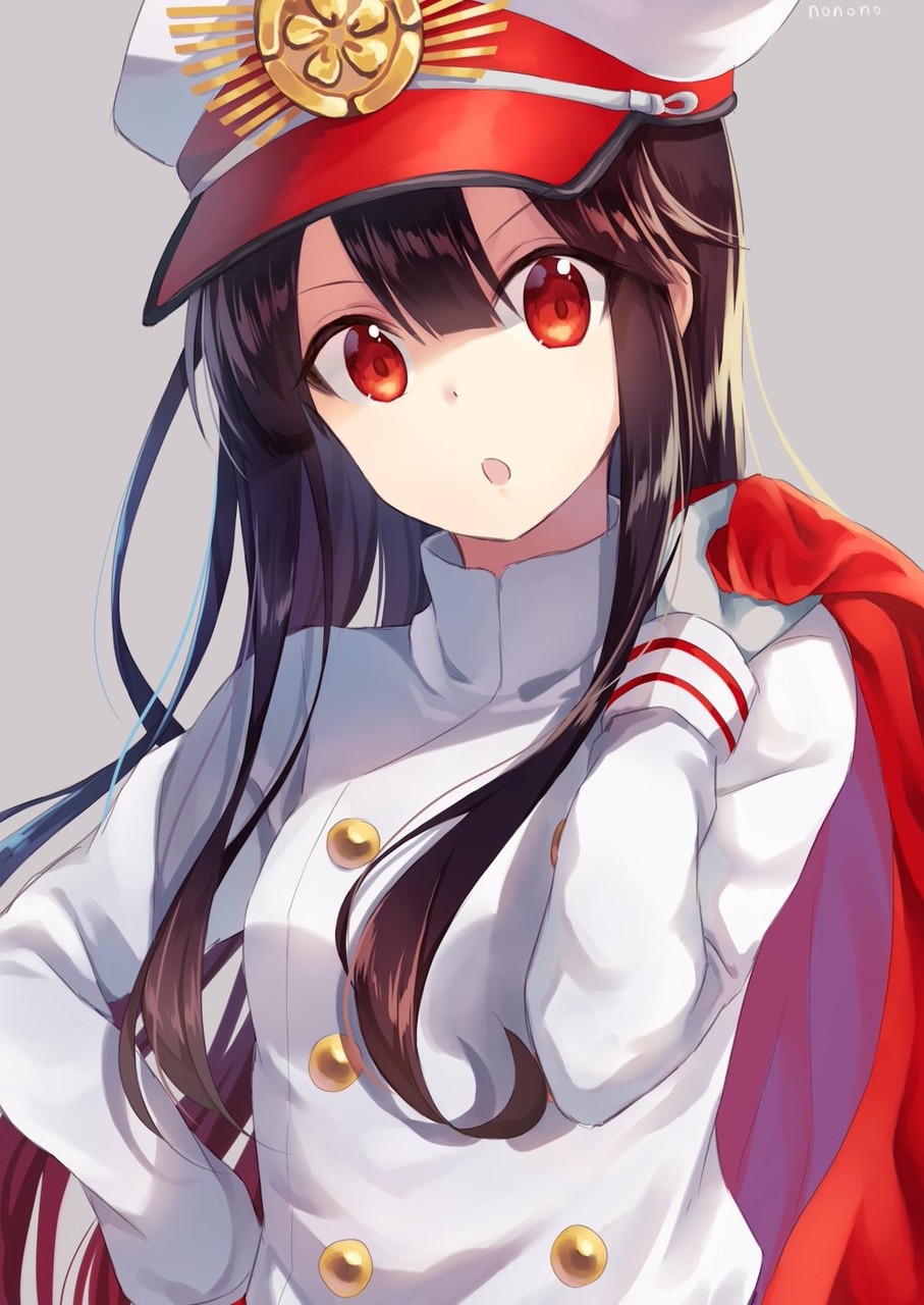 1girl artist_name black_hair cape cape_removed double-breasted family_crest fate_(series) gloves grey_background hair_between_eyes hand_on_hip hat head_tilt highres koha-ace long_hair nonono oda_nobunaga_(fate) oda_uri open_mouth over_shoulder peaked_cap red_cape red_eyes sidelocks solo uniform upper_body white_gloves white_uniform