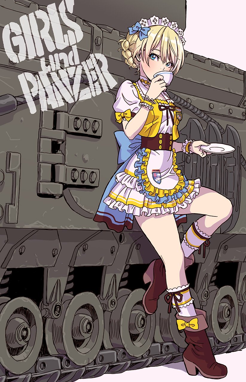 1girl alternate_costume apron blonde_hair blue_eyes blush boots bow braid breasts churchill_(tank) commentary_request copyright_name cup darjeeling frills full_body girls_und_panzer ground_vehicle highres holding holding_cup looking_at_viewer maid maid_apron maid_headdress medium_breasts military military_vehicle motor_vehicle pink_background puffy_sleeves saucer short_hair simple_background skirt solo standing tank teacup tied_hair twin_braids waist_apron yamashita_shun'ya