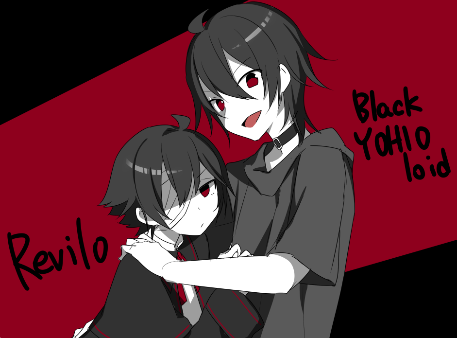 2boys bandage black_hair choker dark_persona hand_on_another's_shoulder male_focus mizuhoshi_taichi multicolored multicolored_background multiple_boys oliver_(vocaloid) red_eyes vocaloid yohioloid