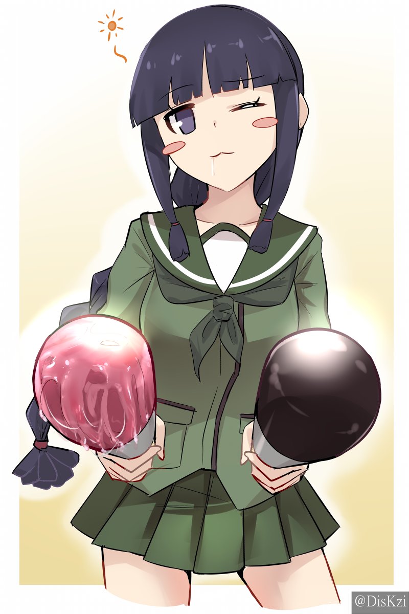 ;3 bangs black_hair blunt_bangs braid cowboy_shot eyebrows_visible_through_hair green_serafuku green_skirt hair_braid highres hime_cut holding holding_torpedo kantai_collection kitakami_(kantai_collection) long_hair looking_at_viewer lzd neckerchief pleated_skirt saliva school_uniform serafuku sidelocks simple_background single_braid skirt torpedo twitter_username violet_eyes