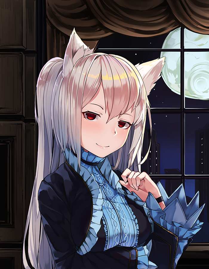 1girl animal_ears bangs breast_hold breasts cat_ears choker city curtains dress full_moon hair_between_eyes indoors large_breasts long_hair looking_at_viewer moon natori_youkai night nora_cat nora_cat_channel red_eyes smile solo two_side_up very_long_hair white_hair window wristband