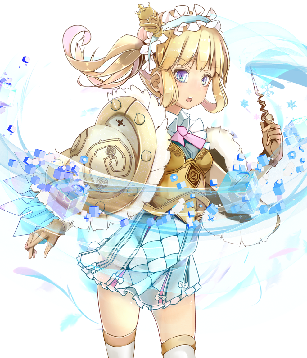 1girl :o armor blonde_hair blue_eyes brown_gloves cube gloves hair_rings hairband last_period lisa_(last_period) looking_at_viewer radiosity_(yousei) shoulder_armor skirt solo standing twintails wand white_legwear white_skirt