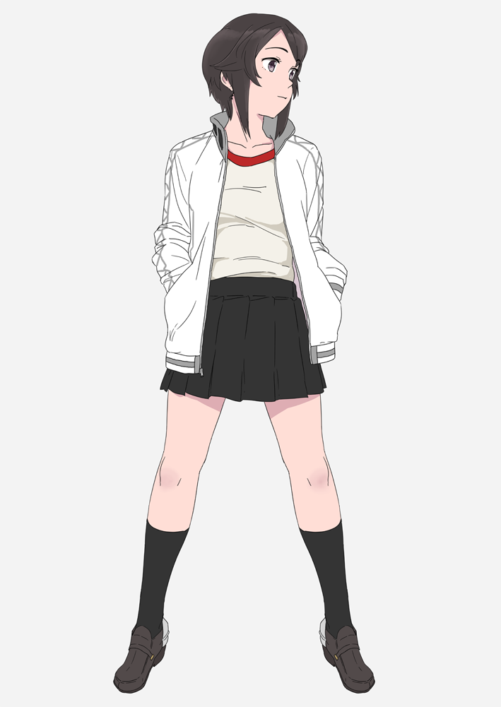 1girl black_hair black_legwear black_skirt full_body grey_background grey_eyes gym_shirt hands_in_pockets hayasui_(kantai_collection) jacket kantai_collection loafers looking_to_the_side ojipon pleated_skirt shirt shoes short_hair simple_background skirt solo standing track_jacket