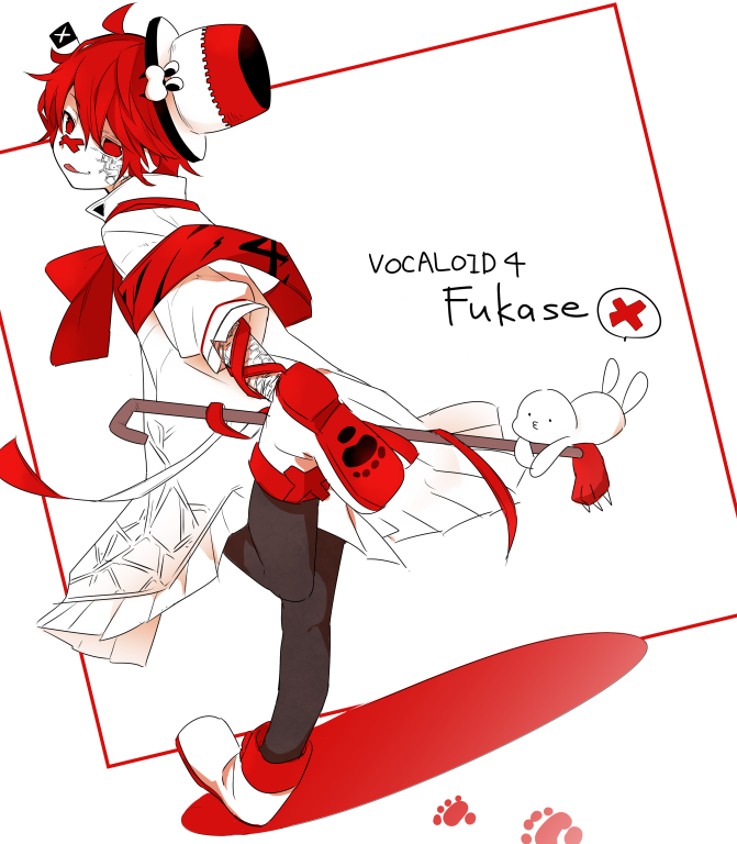 1boy asymmetrical_clothes bandaid bandaid_on_nose boots cane character_name copyright_name fukase gloves hat head_flag headset leg_up male_focus mizuhoshi_taichi pale_skin pantyhose paw_print point_(vocaloid) red_eyes redhead shorts top_hat