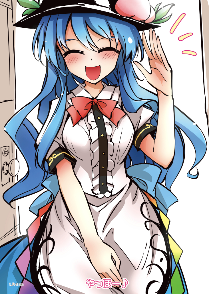 1girl black_hat blue_hair blue_skirt blush buttons center_frills closed_eyes door facing_viewer fifiruu food fruit hand_up hat hinanawi_tenshi long_hair open_mouth peach puffy_short_sleeves puffy_sleeves red_neckwear shirt short_sleeves skirt smile solo touhou waving white_shirt