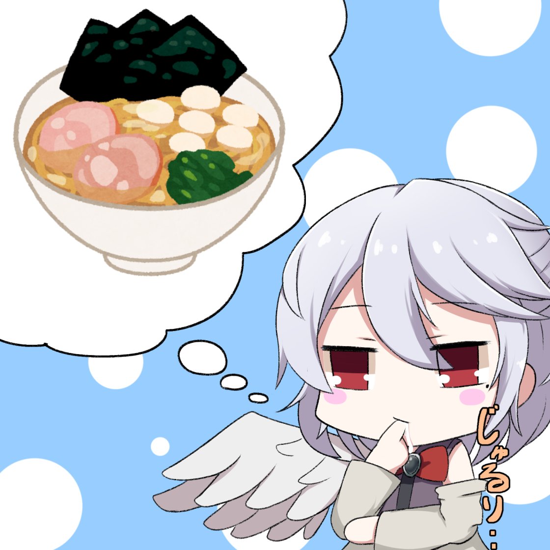 1girl ahoge blush_stickers braid breasts drooling finger_to_mouth food kishin_sagume kuroki_horse noodles ramen red_eyes simple_background solo tied_hair touhou white_hair