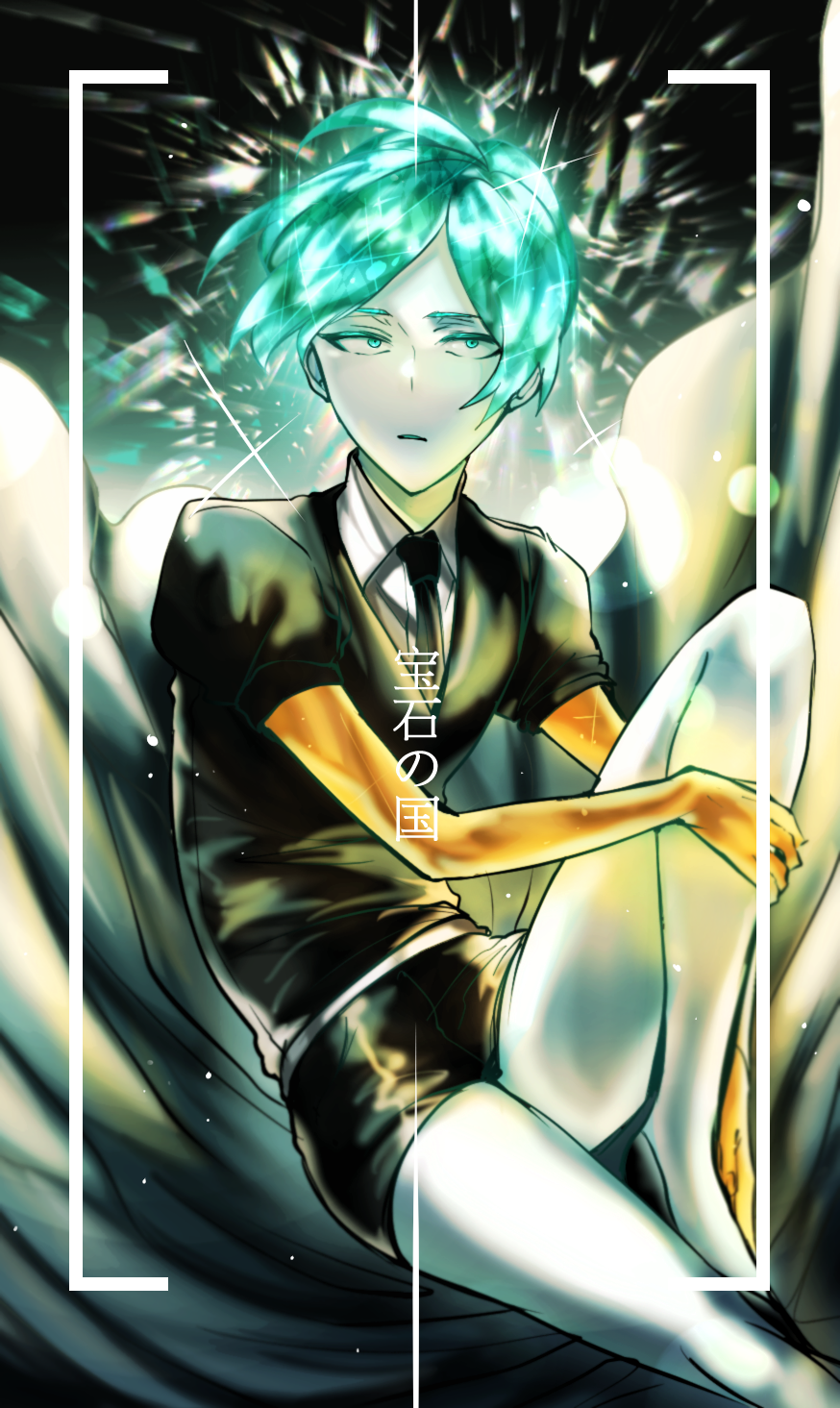 androgynous black_neckwear black_shirt black_shorts collared_shirt crystal_hair gem_uniform_(houseki_no_kuni) golden_arms green_eyes green_hair highres houseki_no_kuni looking_at_viewer necktie phosphophyllite shirt short_hair short_sleeves shorts shunnyun solo sparkle uniform wing_collar