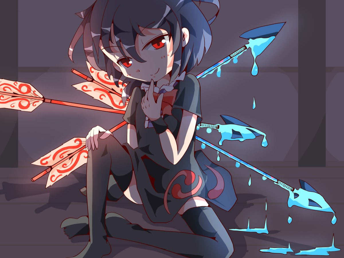 1girl arrow bent_knees black_dress black_hair bow closed_mouth commentary_request dress dripping eyebrows_visible_through_hair finger_to_mouth full_body glowing hand_on_own_knee houjuu_nue keikou_ryuudou medium_hair red_bow red_eyes shadow sitting solo thigh-highs tomoe_(symbol) touhou zettai_ryouiki