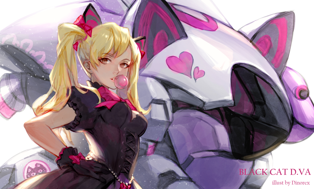 1girl alternate_costume alternate_hairstyle animal_ears animal_print artist_name beads black_cat_d.va black_dress black_gloves blonde_hair bow bowtie breasts brown_eyes bubble_blowing cat_ears cat_print character_name chewing_gum cleavage corset d.va_(overwatch) dino_(trexsilence) dress emblem fake_animal_ears gloves gothic_lolita hair_bow hand_on_hip heart lolita_fashion looking_at_viewer mecha medium_breasts medium_hair meka_(overwatch) no_bracelet no_earrings overwatch pink_bow pink_lips puffy_short_sleeves puffy_sleeves short_sleeves signature solo twintails upper_body