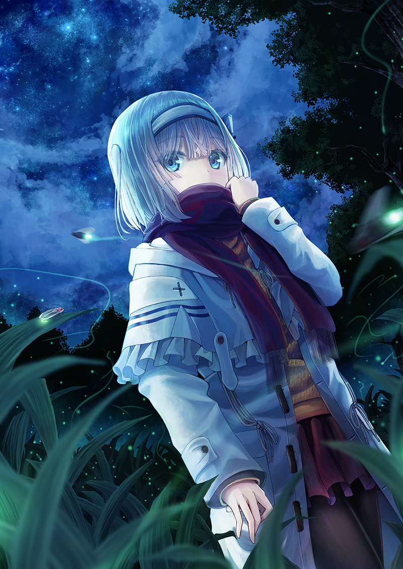 1girl bangs black_legwear blue_eyes blunt_bangs blurry blurry_foreground clouds cloudy_sky coat covered_mouth cowboy_shot depth_of_field duffel_coat dutch_angle eyebrows_visible_through_hair fireflies frilled_capelet grass hairband insect long_sleeves looking_at_viewer miniskirt night night_sky open_clothes open_coat original pantyhose purple_skirt red_scarf scarf scarf_over_mouth shiny shiny_hair silver_hair skirt sky solo standing star_(sky) starry_sky sweater tree white_capelet white_coat white_hairband windfeathers