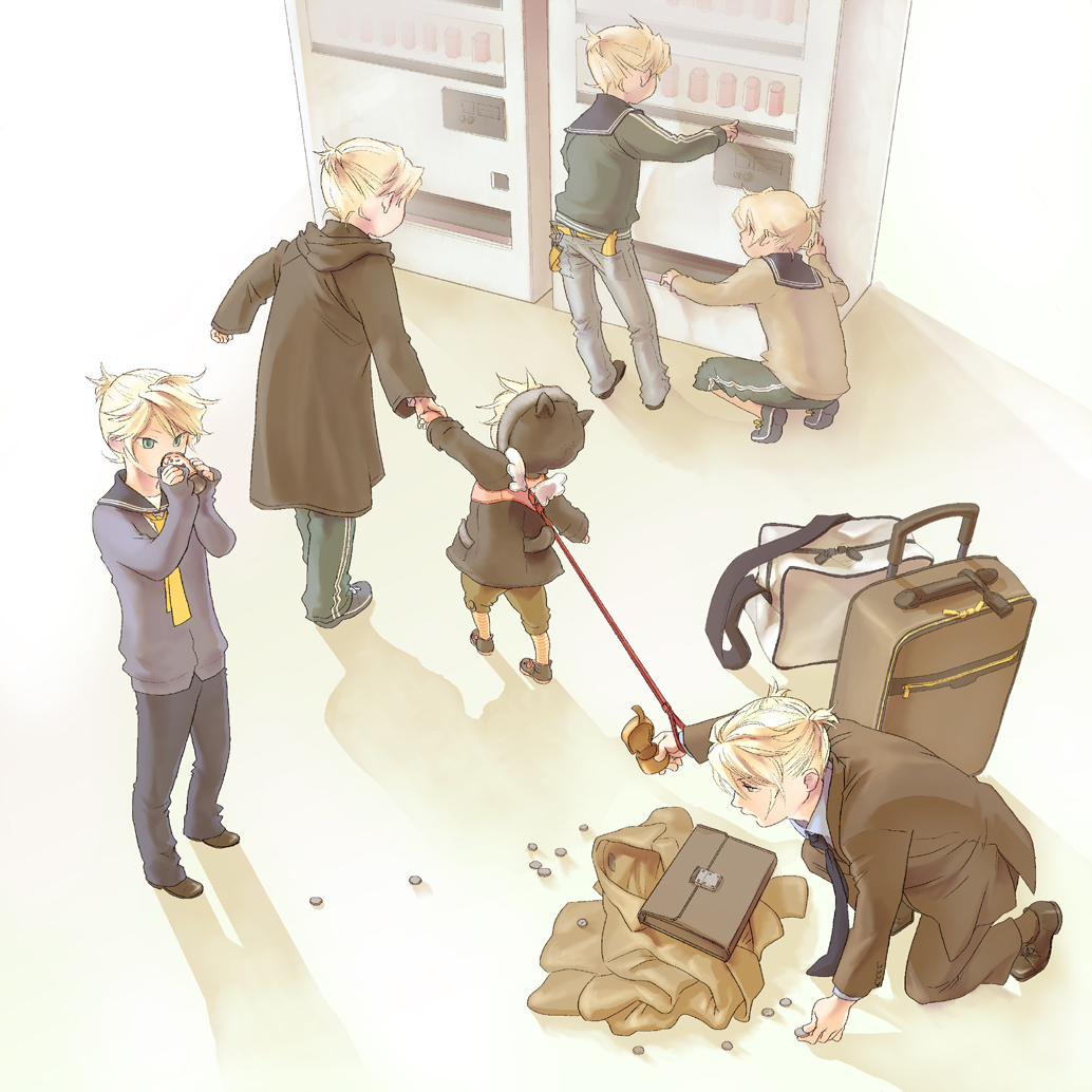 6+boys baby blue_neckwear drinking hand_holding hood kagamine_len kneeling leash male_focus multiple_boys multiple_persona necktie ponytail school_uniform shiruko_(food) squatting suitcase vending_machine vocaloid