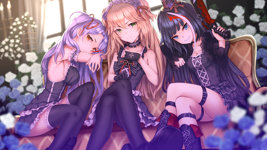 3girls admiral_hipper_(azur_lane) arm_garter arm_rest azur_lane bangs bare_shoulders belt_buckle black_belt black_dress black_footwear black_gloves black_hair black_hat black_legwear blonde_hair blue_eyes blue_flower blurry blurry_background boots breasts brown_eyes buckle candle candlestand character_request cleavage closed_mouth collarbone commentary_request couch cross-laced_footwear depth_of_field detached_sleeves deutschland_(azur_lane) dress eyebrows_visible_through_hair flower girl_sandwich gloves gothic_lolita green_eyes grin gun hair_between_eyes hair_ribbon hairband hand_on_own_knee hand_up handgun hat head_tilt holding holding_gun holding_weapon indoors iron_cross knee_boots lace lace-trimmed_gloves lace-up_boots leg_belt legs_crossed lolita_fashion lolita_hairband long_hair long_sleeves looking_at_viewer medium_breasts mini_hat mini_top_hat multicolored_hair multiple_girls on_couch one_side_up pantyhose pistol prinz_eugen_(azur_lane) purple_hair red_ribbon redhead ribbon ryuinu sandwiched sharp_teeth sitting sleeveless sleeveless_dress smile strapless strapless_dress streaked_hair teeth thigh-highs top_hat very_long_hair weapon white_flower