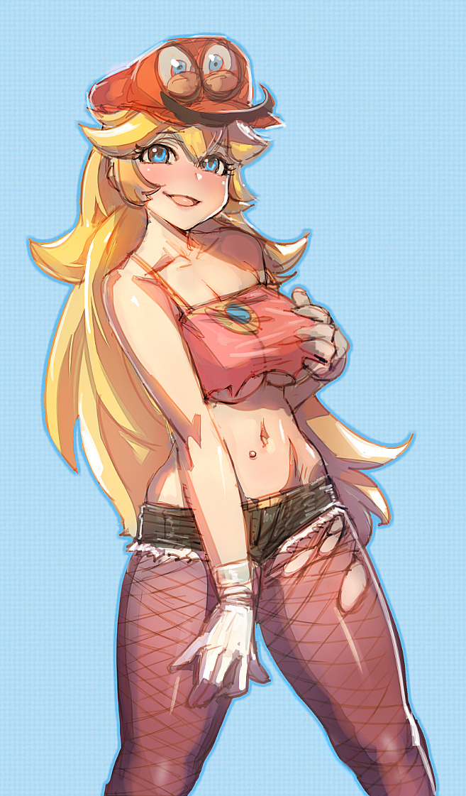 1girl adapted_costume blonde_hair blue_background blue_eyes blush bow_(bhp) breasts cappy_(mario) crop_top cutoffs fishnet_pantyhose fishnets gloves large_breasts long_hair mario super_mario_bros. midriff navel no_bra pantyhose possessed princess_peach revision self_fondle short_shorts shorts solo spaghetti_strap strap_slip super_mario_bros. super_mario_odyssey torn_clothes torn_pantyhose under_boob very_long_hair white_gloves