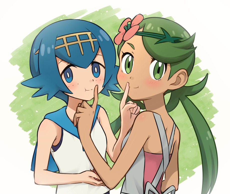 2girls :t bangs bare_arms bare_shoulders black_swimsuit blue_eyes blue_hair blue_sailor_collar blush bright_pupils closed_mouth commentary_request dark_skin finger_to_another's_mouth flower freckles green_background green_eyes green_hair hair_between_eyes hair_flower hair_ornament hairband hand_up holding long_hair looking_at_viewer looking_to_the_side low_twintails mallow_(pokemon) meis_(terameisu) multiple_girls one-piece_swimsuit pink_flower pink_shirt pokemon pokemon_(game) pokemon_sm sailor_collar school_swimsuit shiny shiny_hair shirt short_hair sleeveless sleeveless_shirt smile suiren_(pokemon) swept_bangs swimsuit swimsuit_under_clothes tareme twintails undershirt upper_body white_background white_shirt