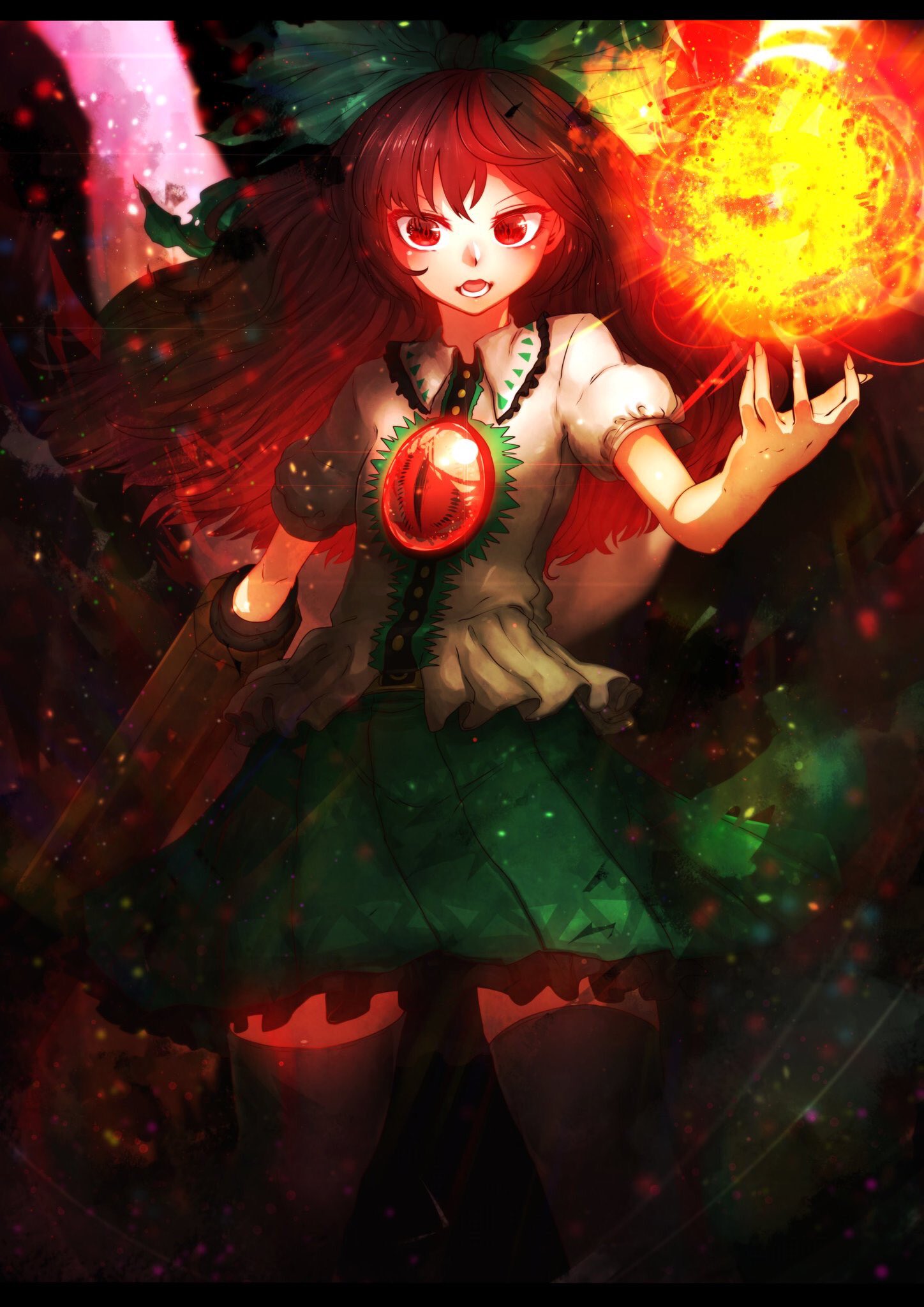 1girl arm_cannon bangs black_legwear bow brown_hair fire green_bow green_skirt hair_bow hand_up highres light_particles long_hair looking_at_viewer miniskirt niwarizumu open_mouth puffy_short_sleeves puffy_sleeves red_eyes reiuji_utsuho shirt short_sleeves skirt solo standing thigh-highs third_eye touhou weapon white_shirt zettai_ryouiki