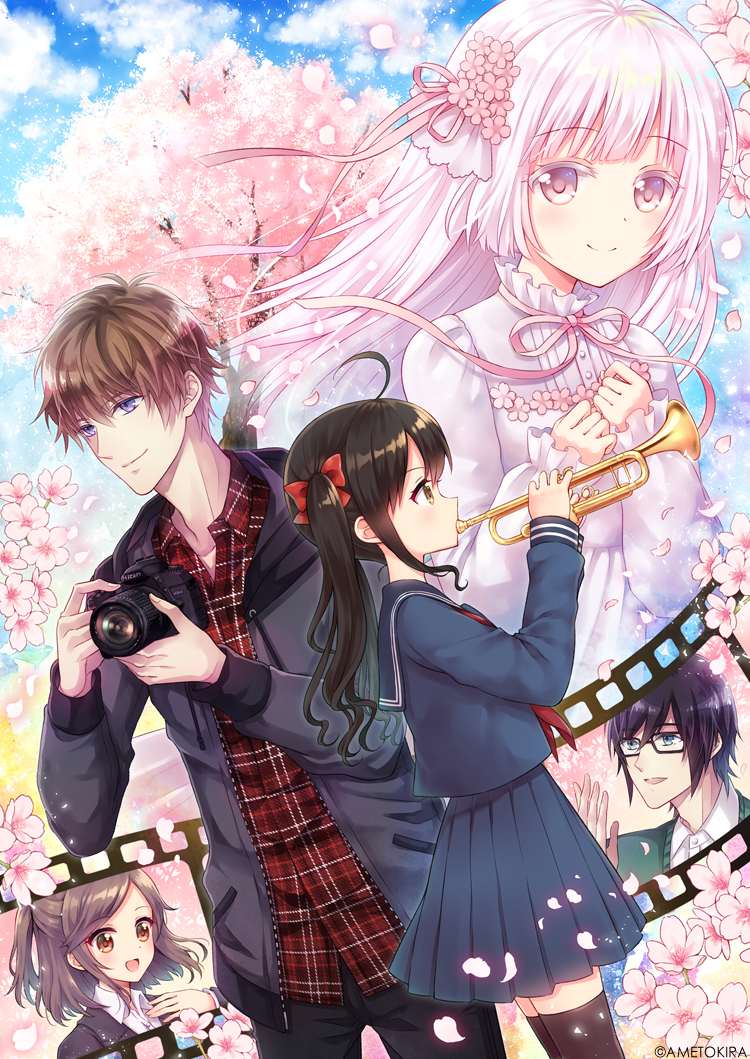 2boys 3girls :d ahoge bangs black-framed_eyewear black_hair black_jacket black_legwear blue_eyes brown_hair camera cherry_blossoms commentary_request copyright cover film_strip flower from_side hair_flower hair_ornament hair_ribbon holding holding_camera instrument jacket looking_at_viewer mamekosora multiple_boys multiple_girls neckerchief open_mouth original pink_hair plaid plaid_shirt pleated_skirt red_neckwear red_ribbon ribbon school_uniform serafuku shirt sidelocks skirt smile swept_bangs thigh-highs trumpet twintails yellow_eyes zettai_ryouiki