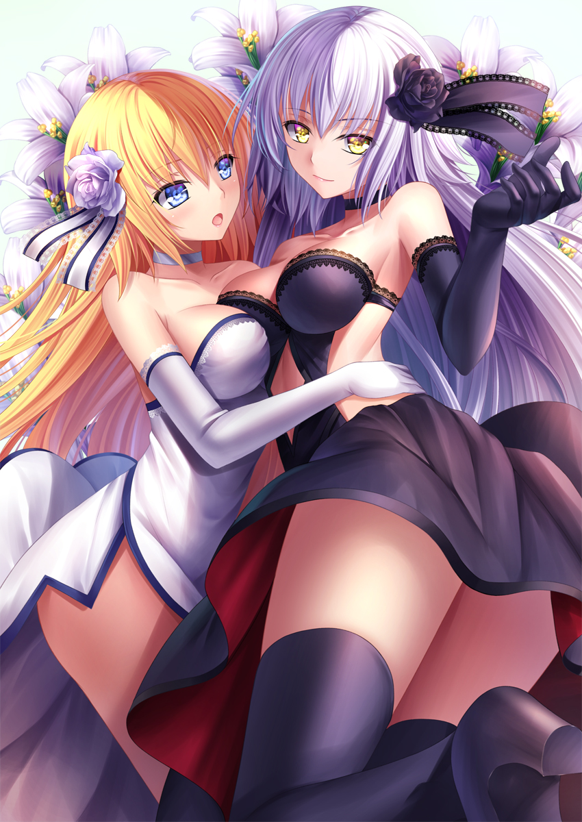 2girls alternate_costume alternate_hairstyle armpits bare_shoulders black_gloves black_legwear blonde_hair blue_eyes blush breast_press breasts elbow_gloves eyebrows_visible_through_hair fate/apocrypha fate/grand_order fate_(series) flower gloves hair_between_eyes hair_flower hair_ornament highres hug jeanne_d'arc_(alter)_(fate) jeanne_d'arc_(fate) jeanne_d'arc_(fate)_(all) large_breasts long_braid long_hair multiple_girls smile symmetrical_docking thigh-highs toshi_(1-147) very_long_hair white_gloves yellow_eyes