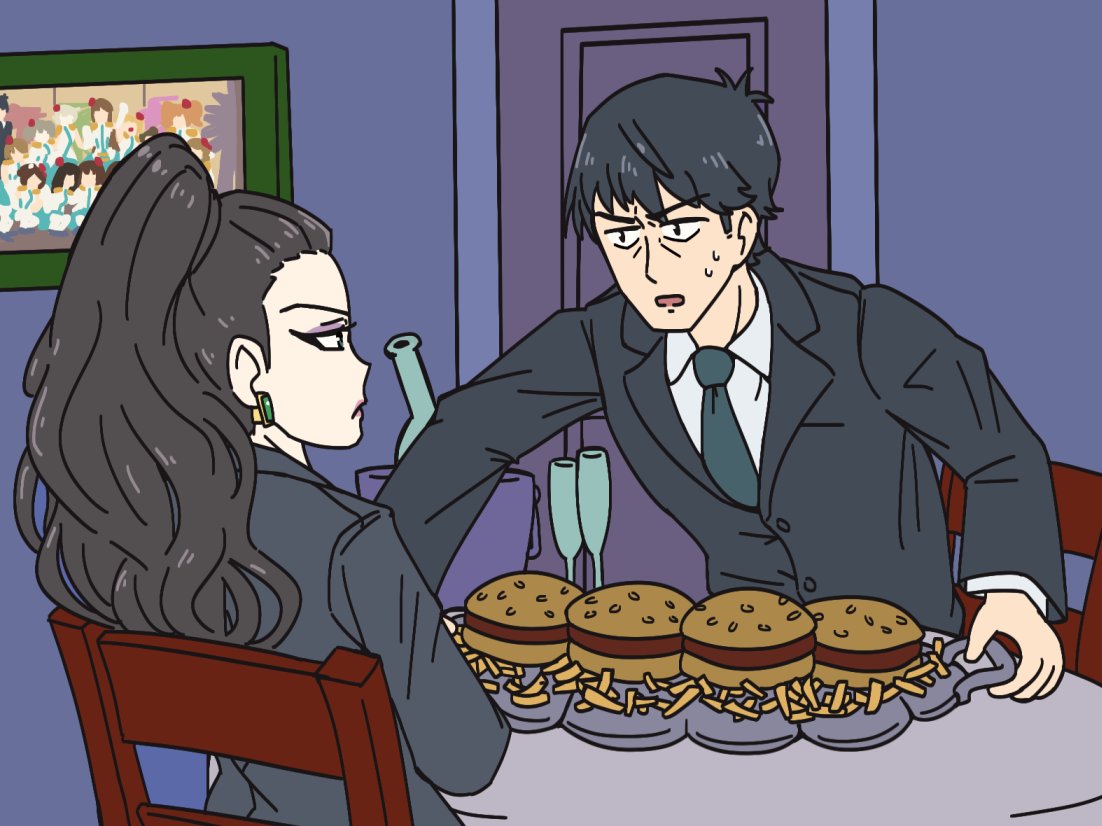 1boy 1girl black_hair executive_mishiro food formal french_fries hamburger idolmaster idolmaster_cinderella_girls long_hair parody producer_(idolmaster_cinderella_girls_anime) steamed_hams suit table the_simpsons tray