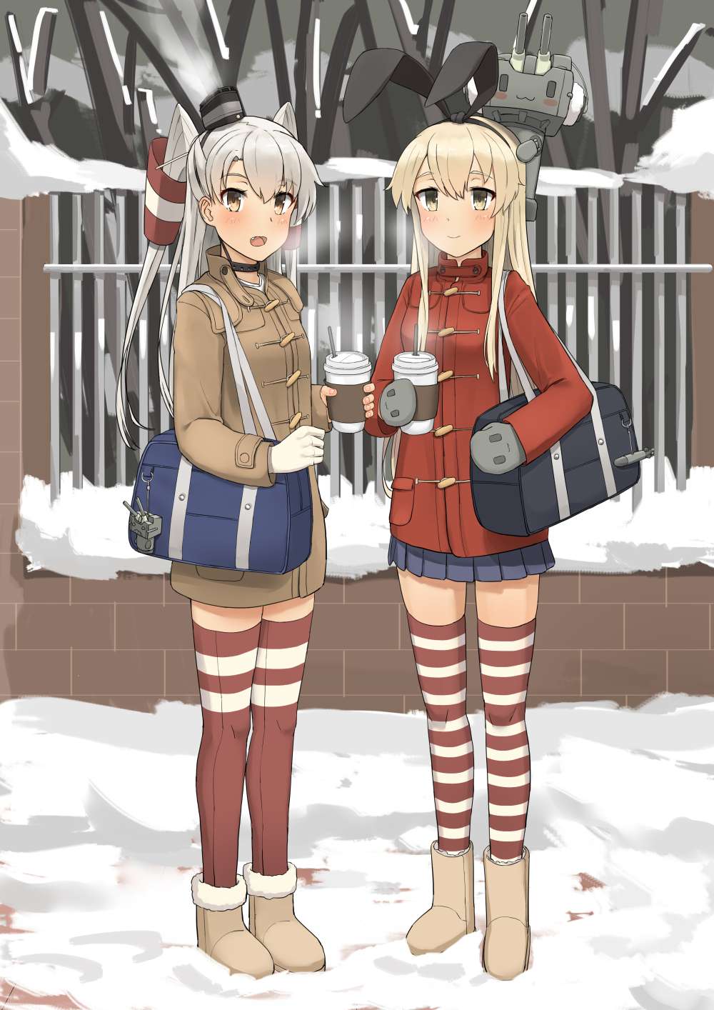 2girls alternate_costume amatsukaze_(kantai_collection) bag bag_charm blonde_hair boots brown_coat charm_(object) coat cup fang full_body gloves hair_tubes highres holding holding_cup kantai_collection keychain long_hair long_sleeves looking_at_viewer miniskirt mittens multiple_girls open_mouth outdoors plastic_cup red_coat red_legwear rensouhou-chan shimakaze_(kantai_collection) silver_hair single_glove skirt smile snow soil_chopsticks standing steam striped striped_legwear thigh-highs two_side_up windsock zettai_ryouiki