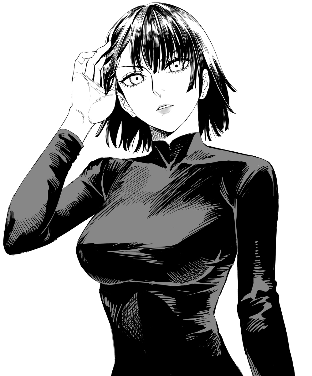 1girl artist_request bangs fubuki_(one-punch_man) greyscale highres long_sleeves m0biuzz monochrome one-punch_man short_hair solo white_background
