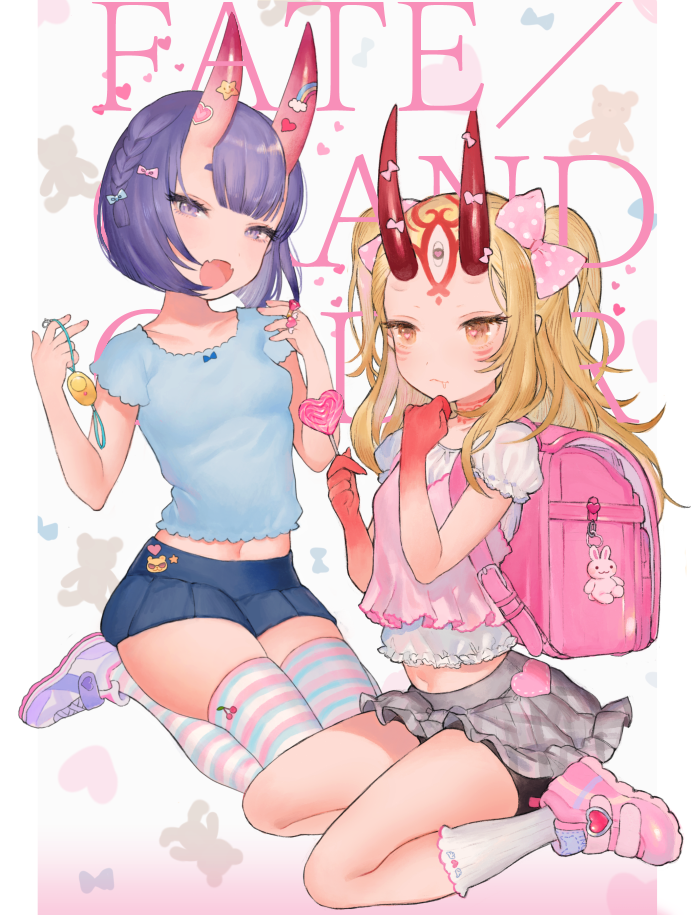 2girls arm_up backpack bag bike_shorts blue_shirt blue_skirt bow braid brown_eyes brown_hair camisole camisole_over_clothes candy crime_prevention_buzzer drooling facial_mark fangs fate/grand_order fate_(series) food forehead_mark grey_skirt hair_bow hand_to_own_mouth holding horn_bow horn_ornament horns ibaraki_douji_(fate/grand_order) jewelry kneehighs lollipop long_hair microskirt midriff miniskirt miyako_(xxxbibit) multiple_girls navel oni oni_horns open_mouth pink_camisole polka_dot polka_dot_bow purple_hair randoseru ribbon ring shirt shoes short_hair short_shorts shorts shorts_under_skirt shuten_douji_(fate/grand_order) sitting skirt smile sneakers sticker striped striped_legwear thigh-highs two_side_up violet_eyes white_legwear white_shirt zettai_ryouiki