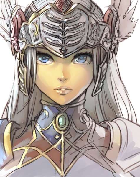 1girl blue_eyes commentary_request face grey_hair hankuri helmet lenneth_valkyrie lips long_hair looking_at_viewer parted_lips simple_background solo spaulders upper_body valkyrie_profile visor_(armor) white_background winged_helmet