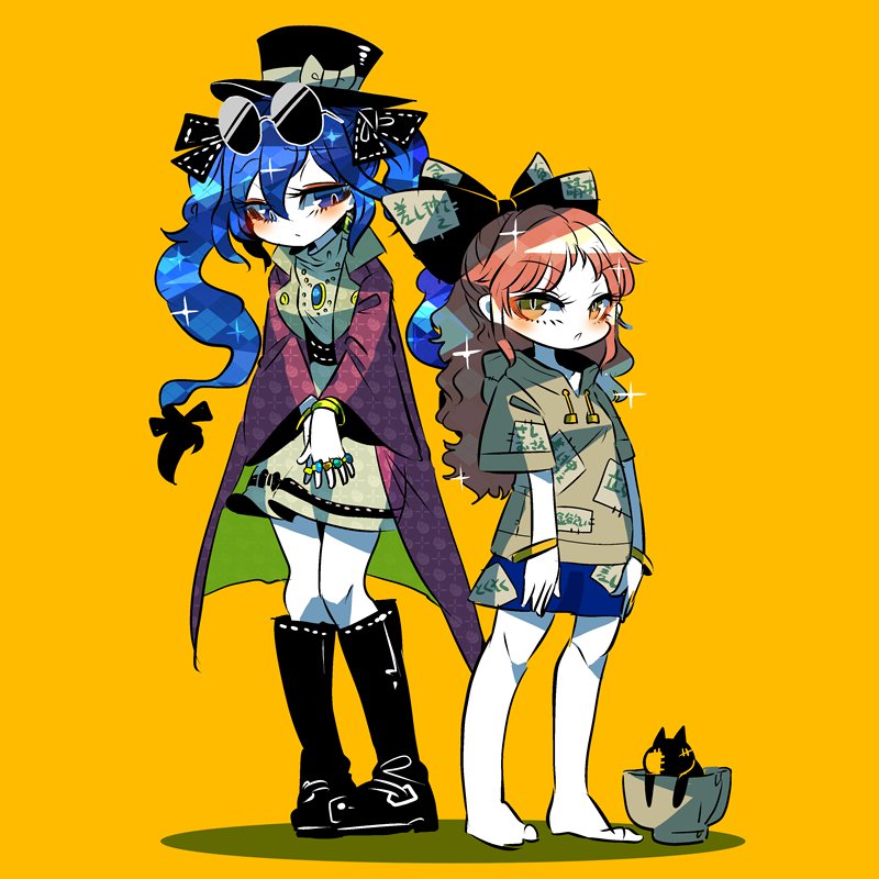 2girls alternate_hairstyle bare_legs barefoot black_bow black_footwear black_hat blue_eyes blue_hair blue_skirt boots bow bowl brown_eyes brown_hair commentary_request cosplay costume_switch debt drawstring dress earrings eyebrows_visible_through_hair eyewear_on_head full_body hair_between_eyes hair_bow hat hat_bow hood hoodie jacket jewelry long_hair long_sleeves looking_at_viewer miniskirt multiple_girls necklace pale_skin pigeon-toed purple_jacket ring siblings simple_background sisters skirt sparkle standing stuffed_animal stuffed_cat stuffed_toy sunglasses top_hat touhou twintails yorigami_jo'on yorigami_shion yt_(wai-tei)