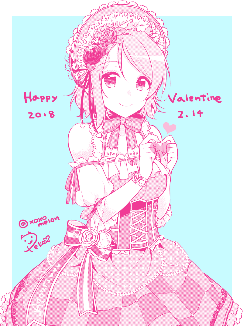 1girl blue_background bonnet bow checkered checkered_skirt corset cross-laced_clothes dated detached_sleeves error flower frills hair_flower hair_ornament heart heart_hands lace lolita_fashion looking_at_viewer love_live! love_live!_sunshine!! multiple_monochrome peke_(xoxopeke) pink polka_dot ribbon ribbon_trim short_hair signature skirt smile solo striped striped_ribbon twitter_username valentine watanabe_you white_border wristband