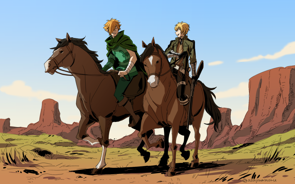 2boys animal asaya_minoru bandage bandaged_arm billy_the_kid_(fate/grand_order) black_neckwear black_pants blonde_hair blue_sky boots brown_footwear brown_jacket brown_vest cape closed_eyes clouds day elbow_gloves fate/grand_order fate_(series) gloves green_cape green_gloves green_pants green_shirt grin gun hair_over_one_eye holding holding_gun holding_reins holding_weapon horse horseback_riding jacket knee_boots light_brown_hair looking_at_another looking_to_the_side male_focus multiple_boys necktie open_mouth outdoors pants reins riding rifle robin_hood_(fate) saddle shirt single_elbow_glove sky sleeveless sleeveless_shirt smile twitter_username vest weapon