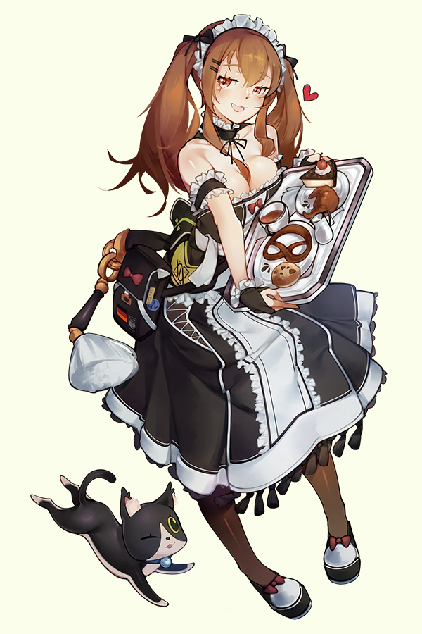 1girl alternate_costume apron bag bangs bare_shoulders bell blush bow breasts brown_eyes brown_hair brown_legwear cake cat cherry choker cleavage coffee coffee_mug collar collarbone cookie dress enmaided eyebrows_visible_through_hair fingerless_gloves food frilled_choker frills fruit girls_frontline gloves hair_between_breasts hair_bow hair_ornament heart holding holding_tray leaning_forward long_hair looking_at_viewer maid maid_apron maid_dress maid_headdress mania_(fd6060_60) medium_breasts one_eye_closed open_mouth pantyhose pretzel saucer scar scar_across_eye shoe_bow shoes simple_background skirt smile solo strap strapless strapless_dress tassel tray twintails ump9_(girls_frontline)