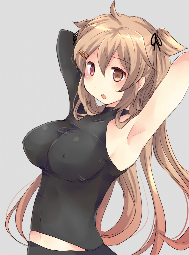 1girl ahoge armpit_peek arms_behind_head asymmetrical_clothes black_bodysuit black_skirt blush bodysuit breasts erect_nipples grey_background hair_flaps hair_ornament hairclip heterochromia hirune_(konekonelkk) impossible_clothes kantai_collection large_breasts light_brown_hair long_hair looking_at_viewer murasame_(kantai_collection) open_mouth remodel_(kantai_collection) simple_background single_sleeve skirt solo upper_body very_long_hair