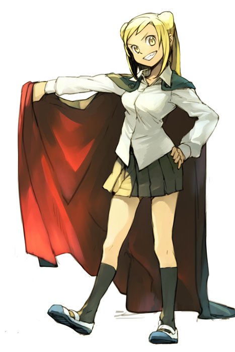 1girl black_cape black_legwear black_skirt blonde_hair blouse cape character_request commentary_request demi-chan_wa_kataritai double_bun full_body grin hand_on_hip hand_up hankuri long_hair long_sleeves looking_at_viewer multicolored multicolored_cape multicolored_clothes pleated_skirt red_cape shoes simple_background skirt smile socks solo standing standing_on_one_leg takanashi_hikari white_background white_blouse yellow_eyes