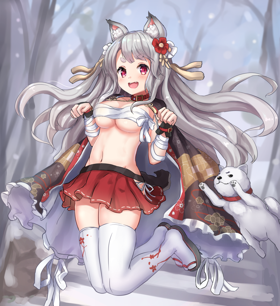 1girl animal_ears azur_lane bare_tree blush breasts cape clenched_hands collar day dog eyebrows_visible_through_hair floral_print flower full_body grey_hair groin hair_flower hair_ornament jumping large_breasts legs_up long_hair looking_at_viewer manda_(manda9n) navel outdoors paw_pose pleated_skirt red_eyes red_skirt sandals sarashi skindentation skirt snow snowing thick_eyebrows thigh-highs tree v-shaped_eyebrows very_long_hair white_legwear yuudachi_(azur_lane)