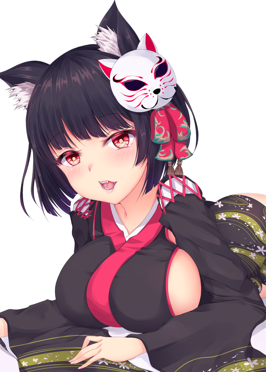 1girl animal_ears azur_lane black_hair blush breasts commentary_request eyebrows_visible_through_hair highres japanese_clothes large_breasts looking_at_viewer lying mask mask_on_head nontraditional_miko on_stomach red_eyes shiro_usagi short_hair sideboob simple_background solo white_background yamashiro_(azur_lane)