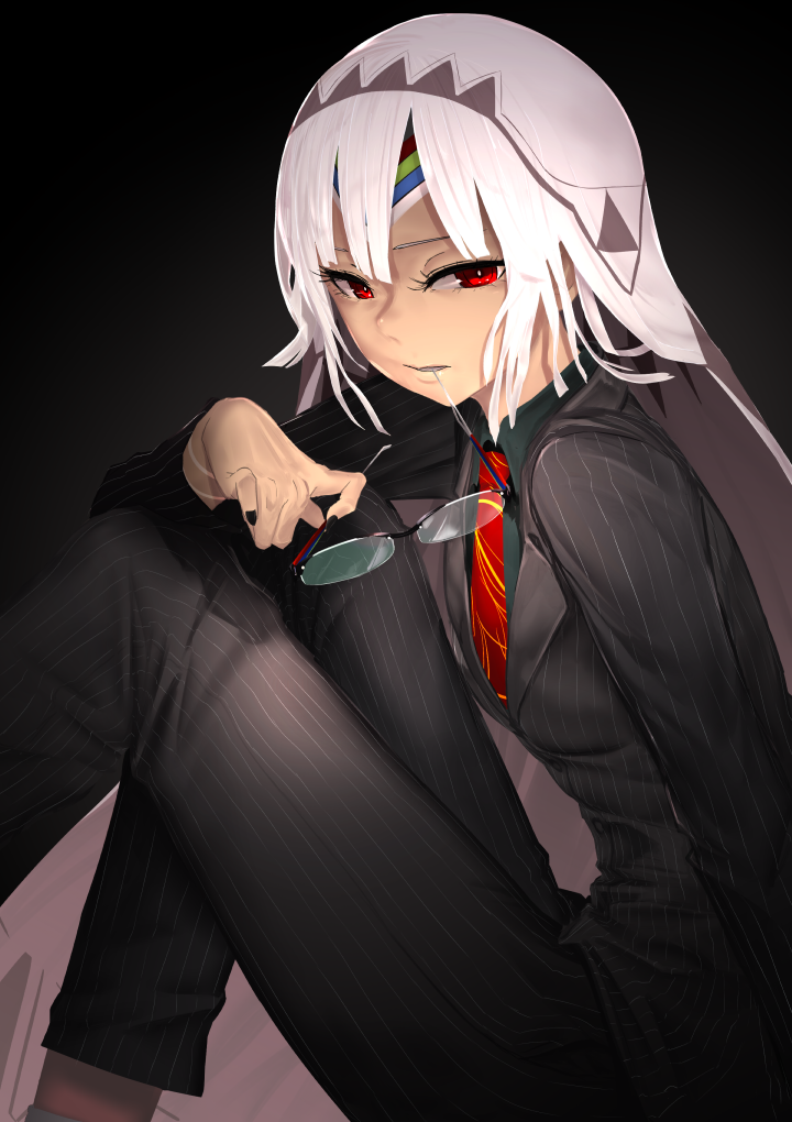 1girl altera_(fate) black_background black_jacket black_nails black_pants business_suit commentary eyewear_in_mouth fate/grand_order fate_(series) feet_out_of_frame fingernails formal from_side glasses headband holding_eyewear i-pan jacket long_sleeves looking_at_viewer looking_to_the_side mouth_hold nail_polish necktie pants red_eyes red_neckwear short_hair sitting solo suit veil white_hair