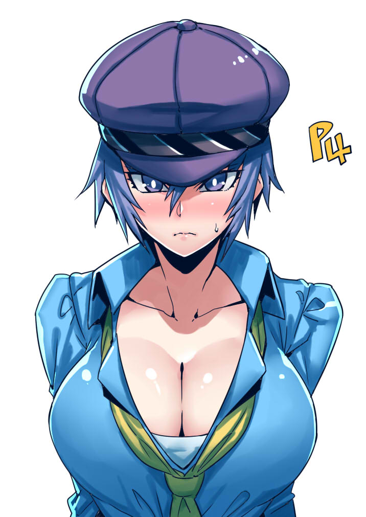 1girl blue_eyes blue_hair blue_shirt blush breasts cabbie_hat cleavage closed_mouth collarbone collared_shirt green_neckwear hair_between_eyes hat large_breasts long_sleeves looking_at_viewer necktie nose_blush persona persona_4 persona_4:_dancing_all_night purple_hat shiny shiny_skin shirogane_naoto shirt short_hair sidelocks simple_background solo sweatdrop tsuki_wani tsurime upper_body v-neck white_background wing_collar