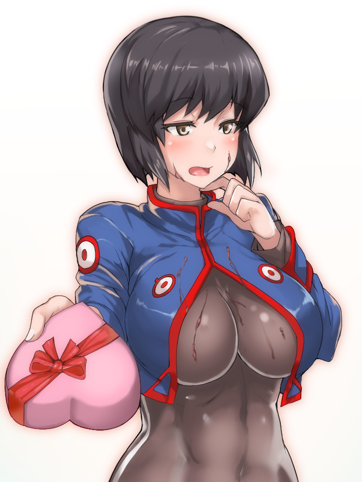 1girl black_bodysuit black_hair blue_jacket blush bodysuit bow box breasts brown_eyes chloe_valens cropped_jacket gift gift_box giving heart-shaped_box jacket large_breasts looking_to_the_side maki_ikazuya no_hat no_headwear open_mouth red_bow short_hair shy simple_background solo tales_of_(series) tales_of_legendia upper_body valentine white_background
