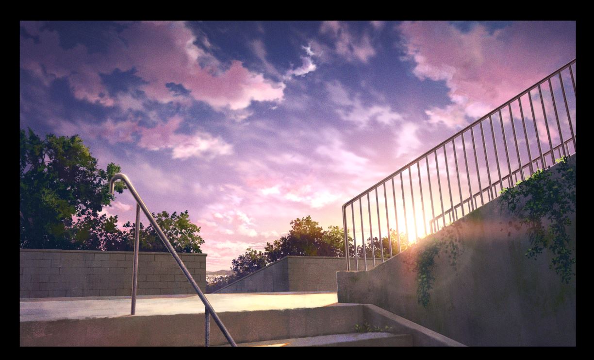 black_border border clouds cloudy_sky commentary_request fence kimura_(user_iht1203) lens_flare no_humans original outdoors purple_sky railing scenery sky stairs sunset tree windowboxed