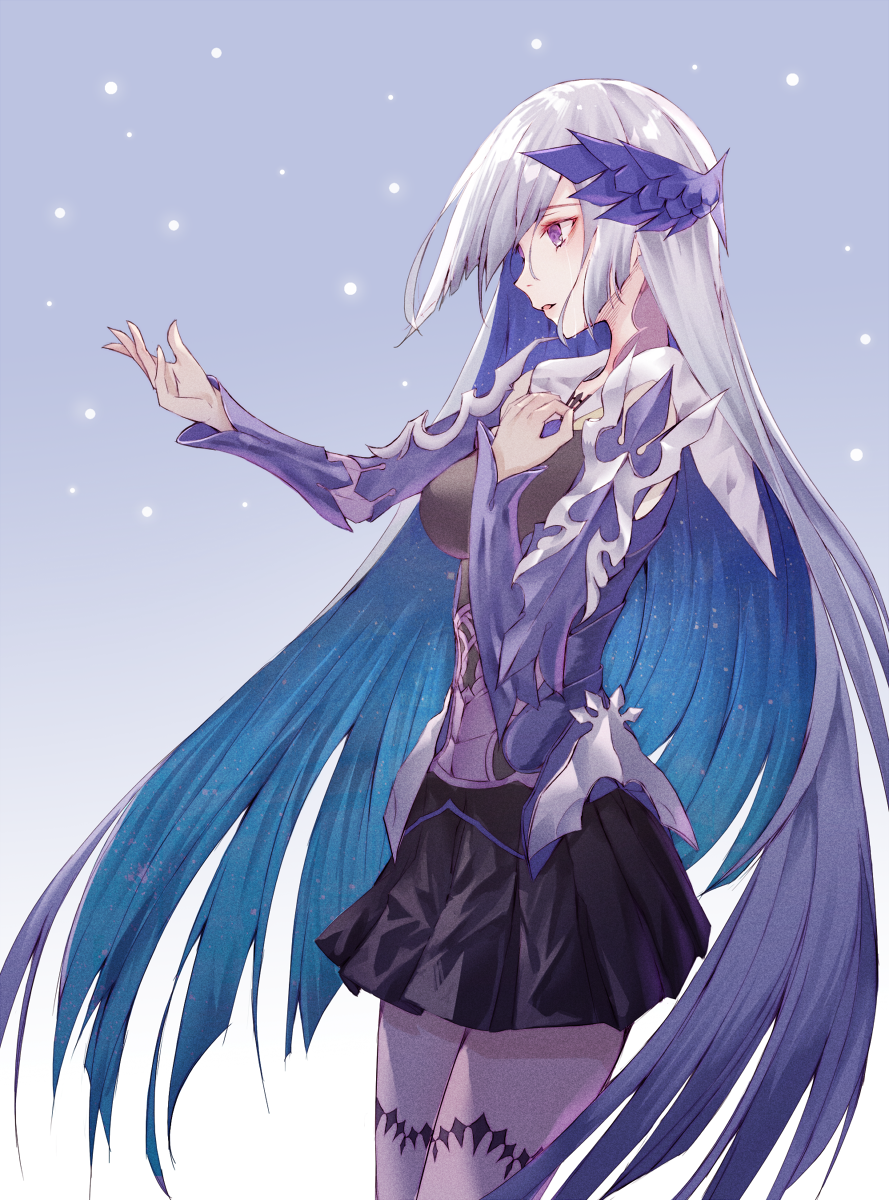 1girl armor breasts brynhildr_(fate) commentary_request crying crying_eye fate/grand_order fate_(series) gradient gradient_background hair_ornament hand_on_own_chest hand_up highres long_hair looking_to_the_side profile silver_hair simple_background solo standing violet_eyes