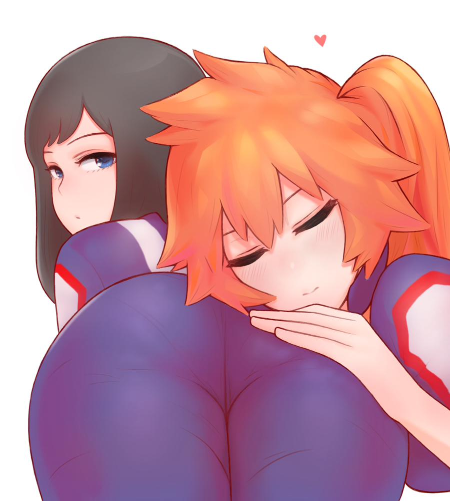 2girls ass black_hair blue_eyes blush boku_no_hero_academia closed_eyes half-closed_eyes hand_on_another's_ass heart jacket kendou_itsuka kodai_yui looking_at_viewer looking_back lying multiple_girls on_stomach orange_hair pants ponytail resting shpo simple_background smile track_and_field track_jacket track_pants track_suit white_background