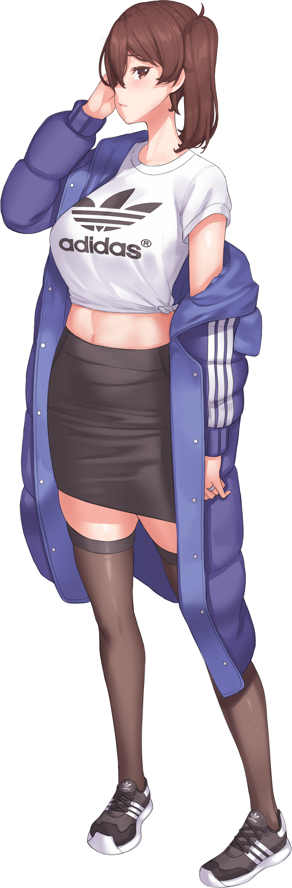 1girl absurdres adidas black_legwear black_skirt blush breasts brown_eyes brown_hair closed_mouth clothes_writing franham full_body hair_between_eyes hair_over_one_eye highres jacket jewelry kaga_(kantai_collection) kantai_collection large_breasts logo long_hair looking_at_viewer midriff miniskirt navel off_shoulder open_clothes pencil_skirt pink_lips ring shirt shoes side_ponytail skirt sneakers solo standing t-shirt taut_skirt thigh-highs tied_shirt wedding_band white_background zettai_ryouiki