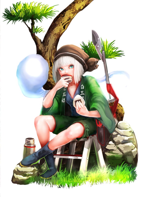 1girl alternate_costume bangs black_footwear blue_eyes blue_shirt blunt_bangs boots chair clothes_writing crossed_ankles drinking faux_figurine floating folding_chair food full_body grass green_shorts head_scarf hitodama holding holding_food jacket jubakurei knee_boots konpaku_youmu konpaku_youmu_(ghost) long_sleeves looking_at_viewer onigiri open_clothes open_jacket rock shirt shorts silver_hair simple_background sitting solo thermos touhou tree white_background wide_sleeves