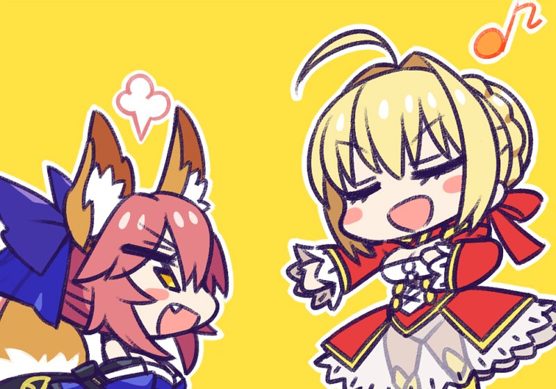 2girls :d ahoge animal_ears bare_shoulders blush_stickers braid breasts chan_co chibi cleavage closed_eyes commentary_request detached_sleeves dress eyebrows_visible_through_hair fang fox_ears fox_tail hair_bun hair_intakes hair_ribbon hand_on_own_chest looking_at_another multiple_girls nero_claudius_(fate) nero_claudius_(fate)_(all) open_mouth pink_hair red_dress red_ribbon ribbon see-through simple_background smile standing tail tamamo_(fate)_(all) tamamo_no_mae_(fate) yellow_background yellow_eyes