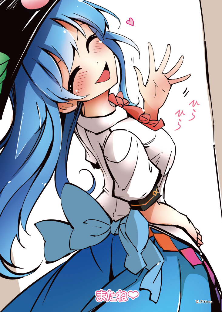 1girl black_hat blue_hair blue_skirt closed_eyes fifiruu food fruit hand_up hat heart hinanawi_tenshi long_hair peach puffy_short_sleeves puffy_sleeves shirt short_sleeves skirt smile solo touhou waving white_shirt