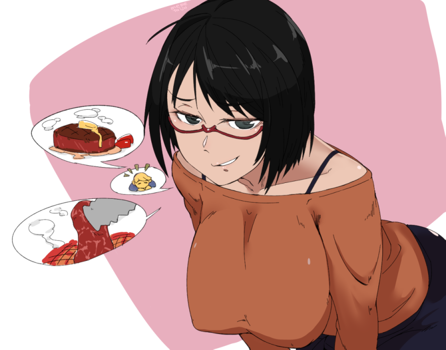 1girl bare_shoulders black_hair breasts brown_eyes character_request copyright_request food green_eyes grill grilling grin large_breasts leaning_forward long_sleeves looking_at_viewer red-framed_eyewear sagara1990 short_hair smile solo steak tongs